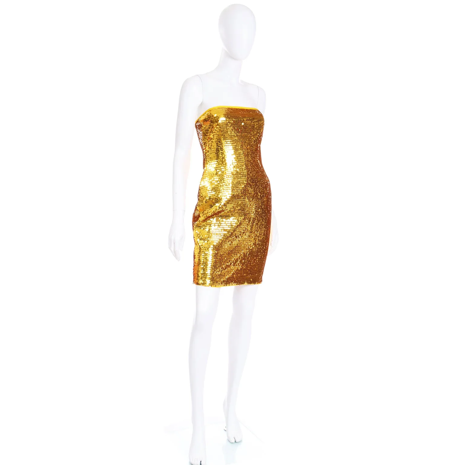 1990s Escada Margaretha Ley Gold Sequin Strapless Evening Dress