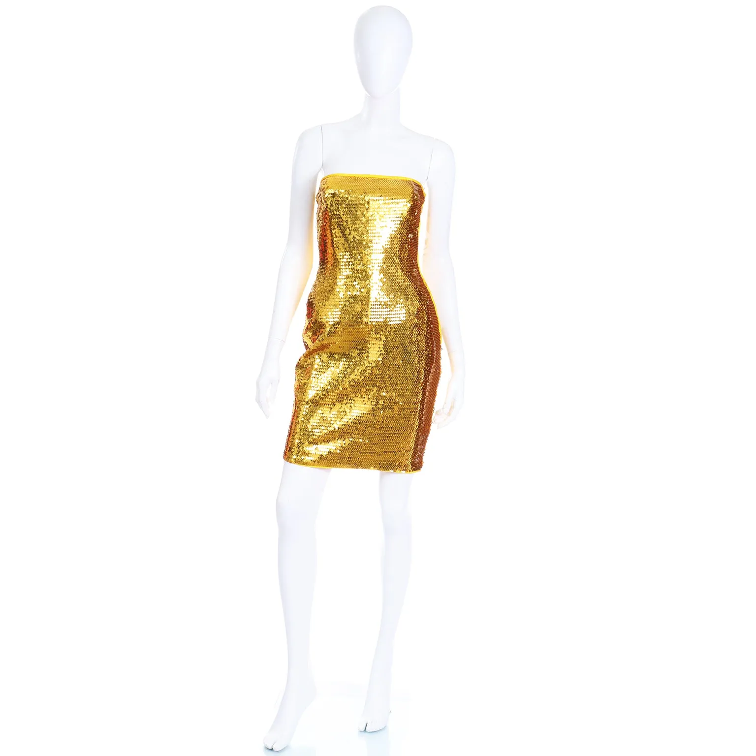 1990s Escada Margaretha Ley Gold Sequin Strapless Evening Dress