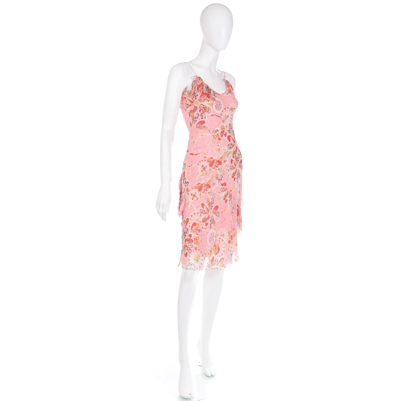 2000's Y2K John Galliano Pink Silk Chiffon Floral Bias Cut Dress