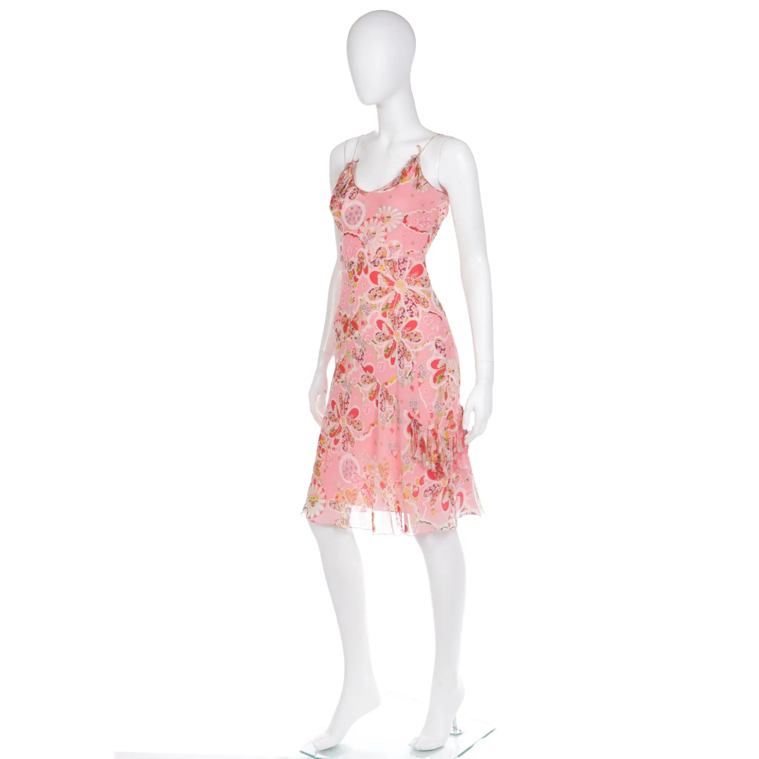 2000's Y2K John Galliano Pink Silk Chiffon Floral Bias Cut Dress