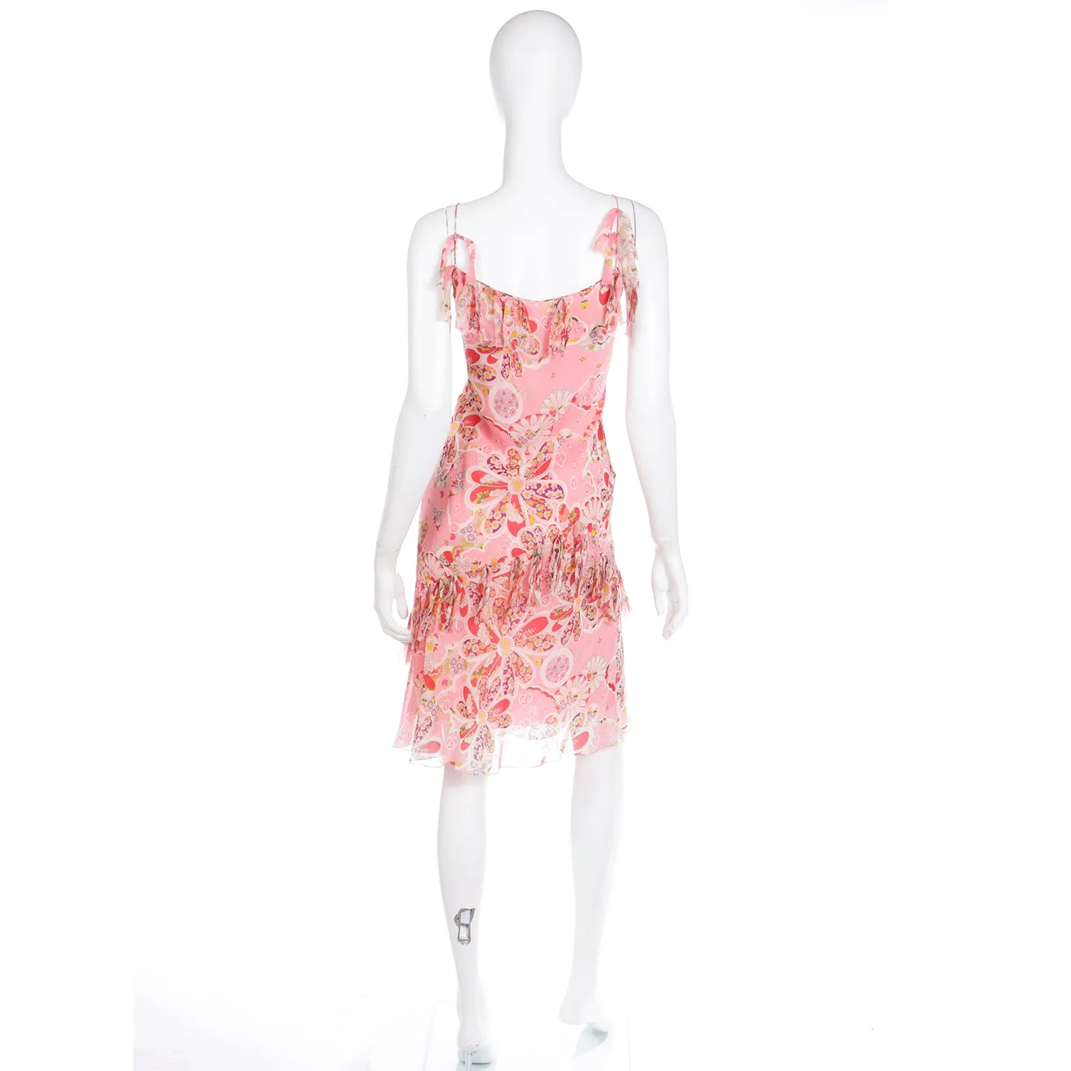 2000's Y2K John Galliano Pink Silk Chiffon Floral Bias Cut Dress