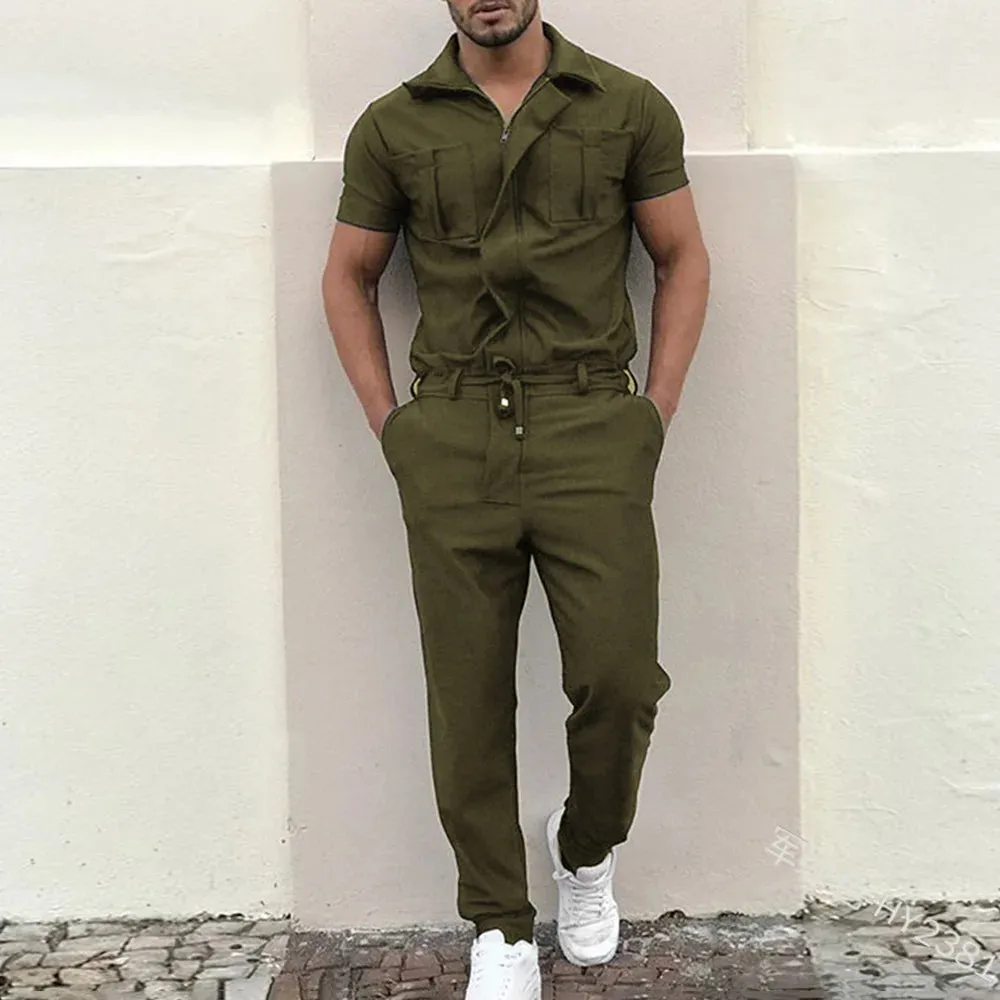 2024 New Men's Jumpsuit American Style Street Casual Loose Jumpsuit Cargo Pants Fashion Short Sleeve Jumpsuit Streetwear Men