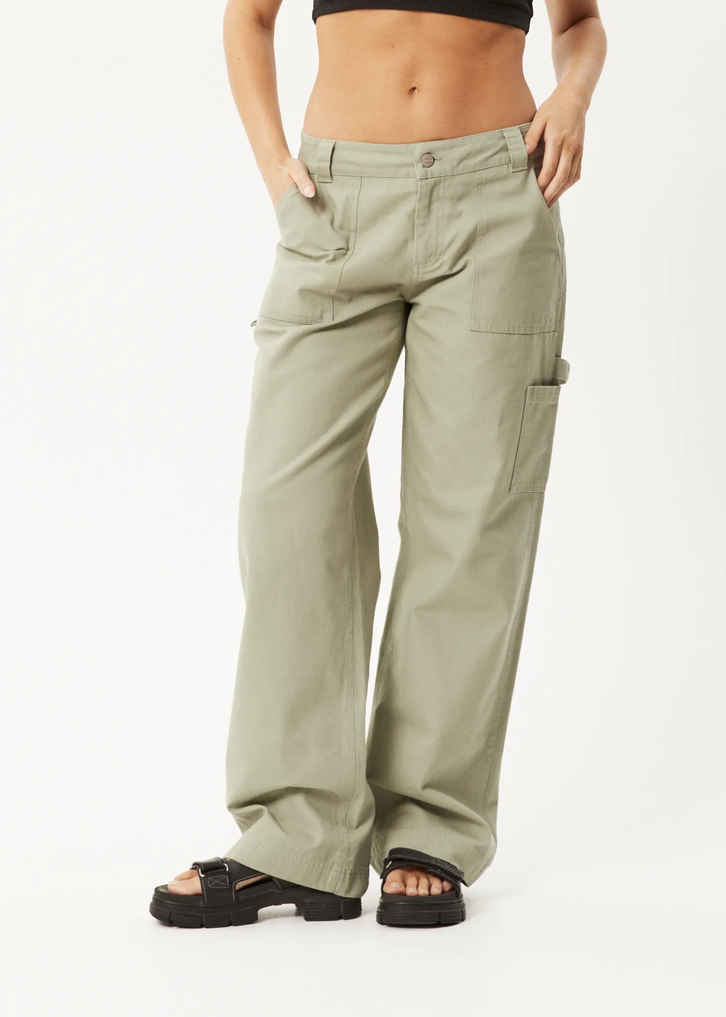 AFENDS Womens Lexi - Low Rise Carpenter Pants - Eucalyptus