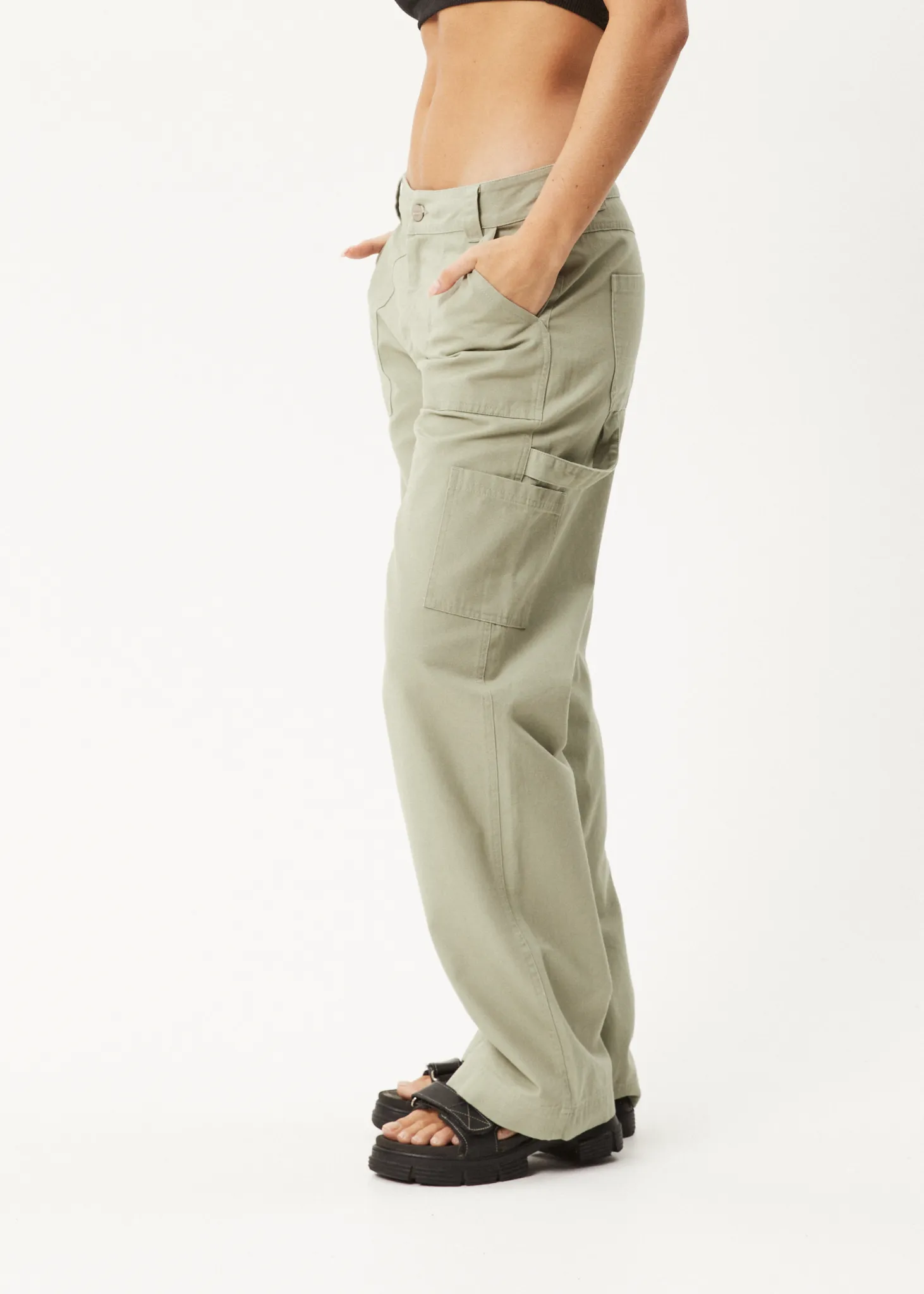 AFENDS Womens Lexi - Low Rise Carpenter Pants - Eucalyptus