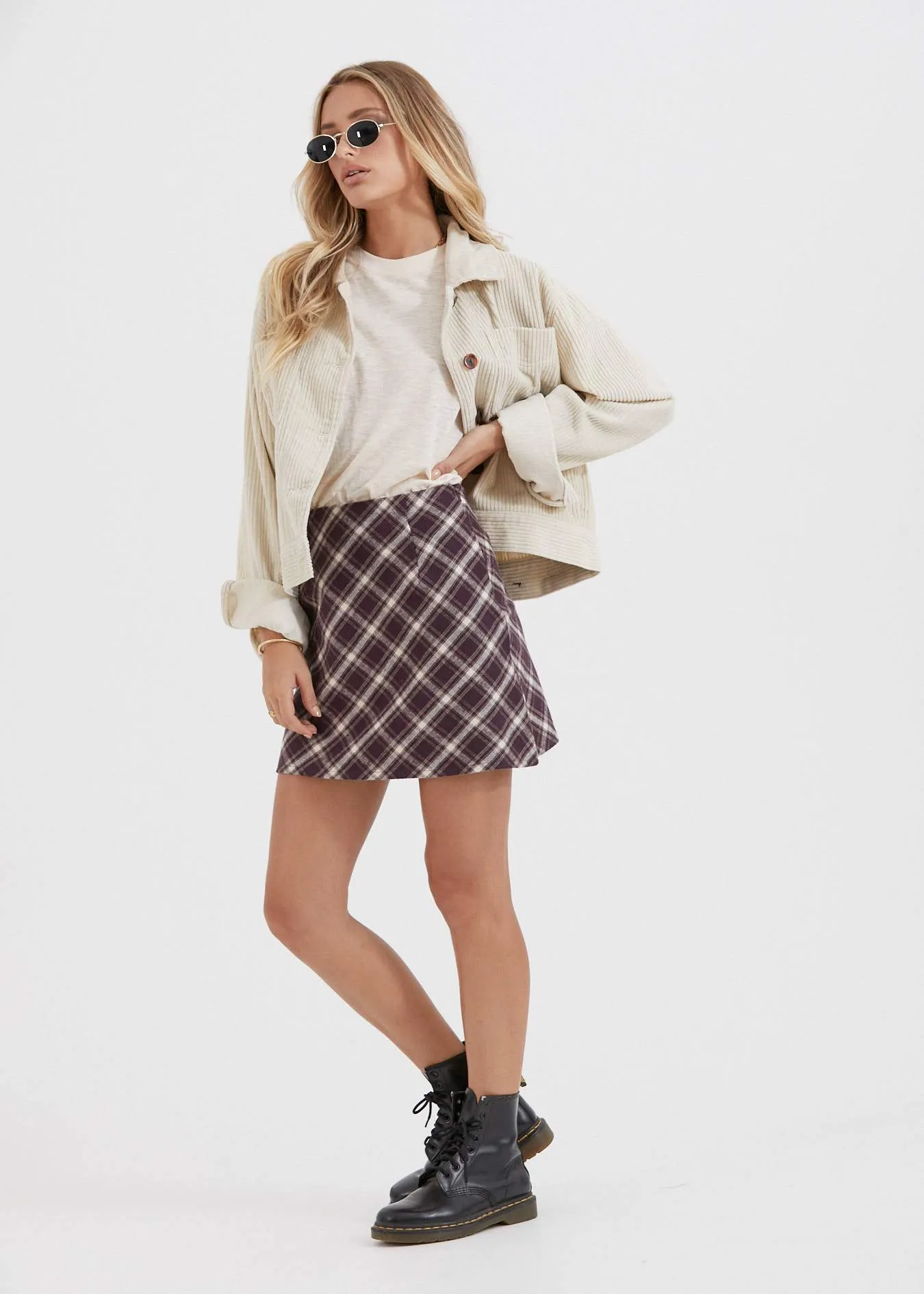 Afends Womens Mariah - Hemp Check Bias Cut Skirt - Mulberry Check