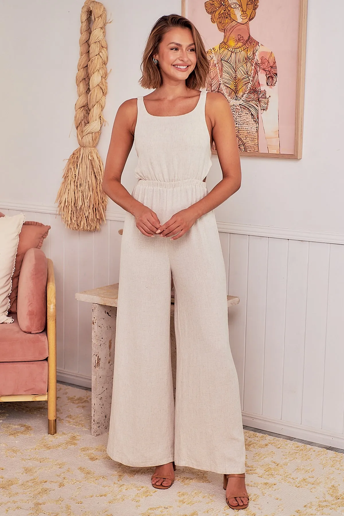 Amira Beige Linen Backless Jumpsuit