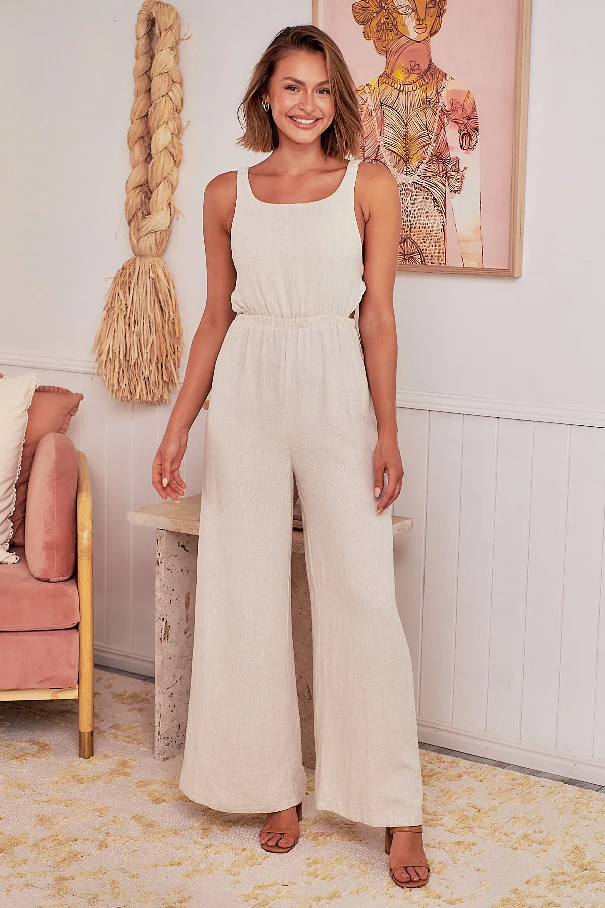 Amira Beige Linen Backless Jumpsuit