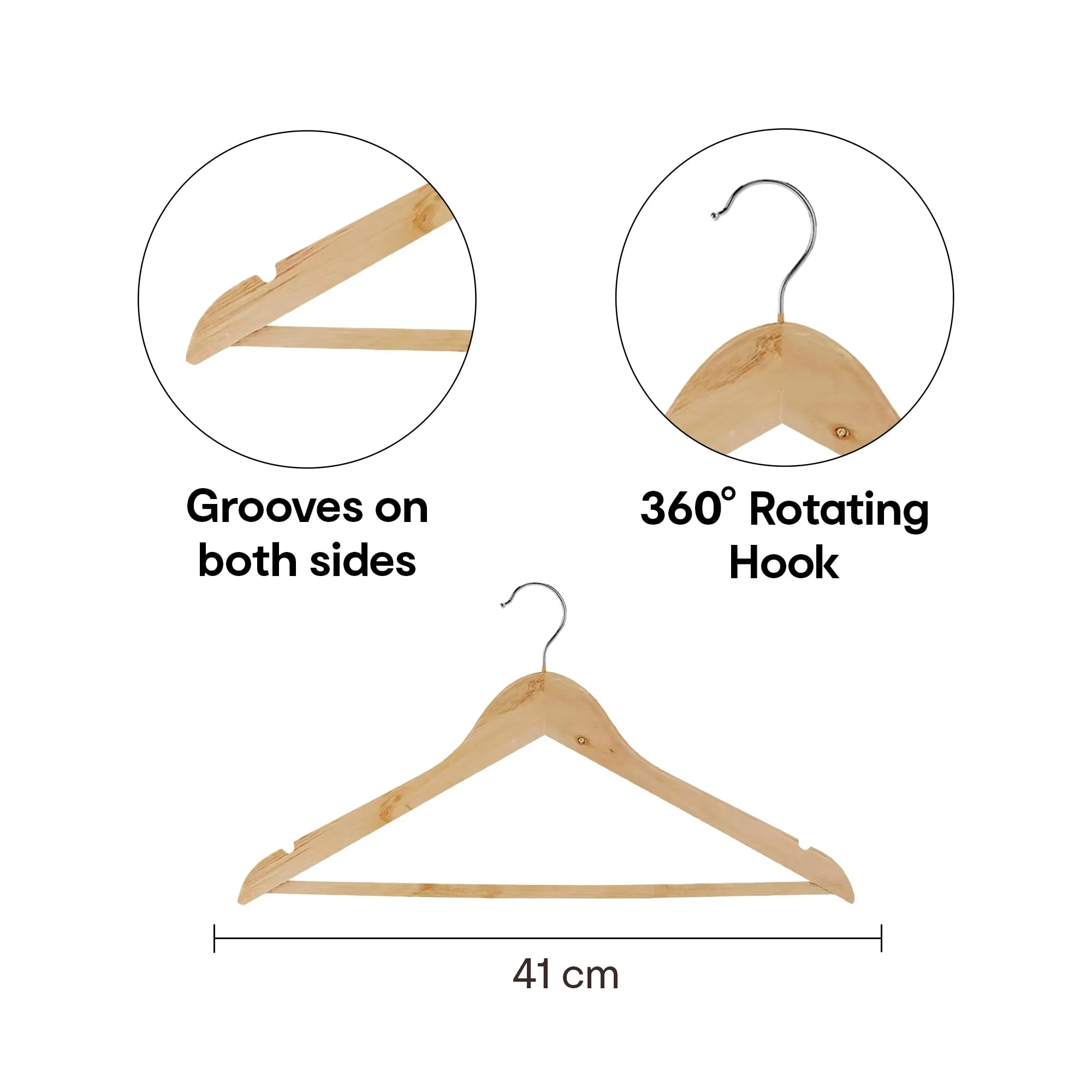 Anko Reinforced Zero SAG Wooden Hangers - Set of 6 | Chrome Plated Metal Hook Slim Hanger | Non-Slip | Retain Shape No Marks | Organise Suits, Coats, Shirts, Dresses, Jackets | 23 x 41 x 1.2 cm