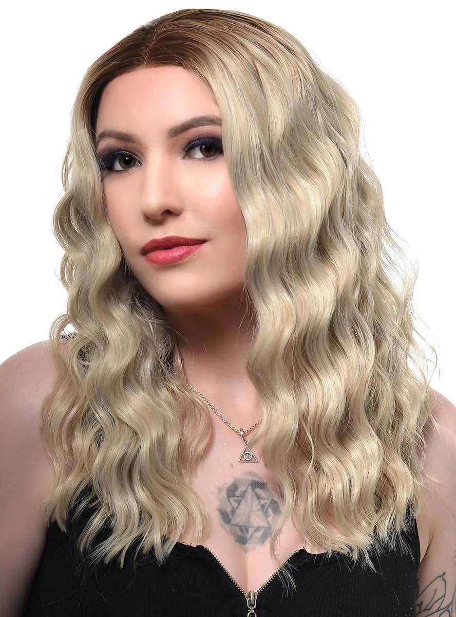 Ashy Blonde Rooted Mid-Length Wavy Lace Front Fashion Wig