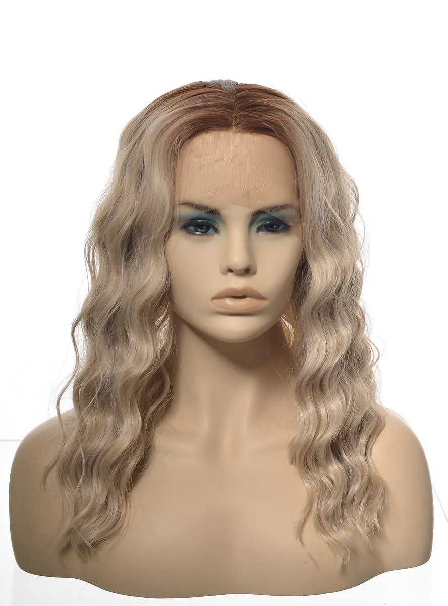 Ashy Blonde Rooted Mid-Length Wavy Lace Front Fashion Wig