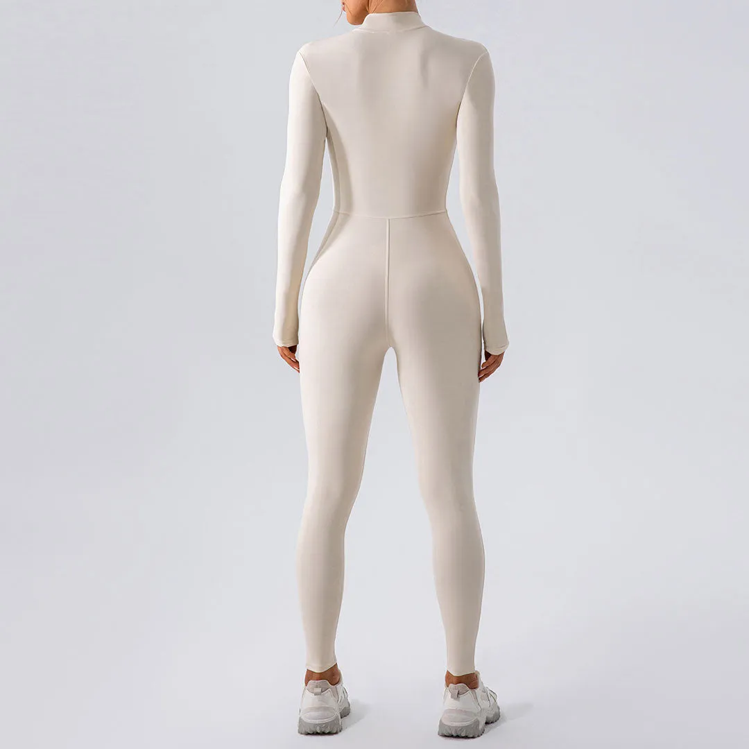 Athletic Mock Neck Zip Up Long Sleeve Skinny Yoga Jumpsuit -Beige