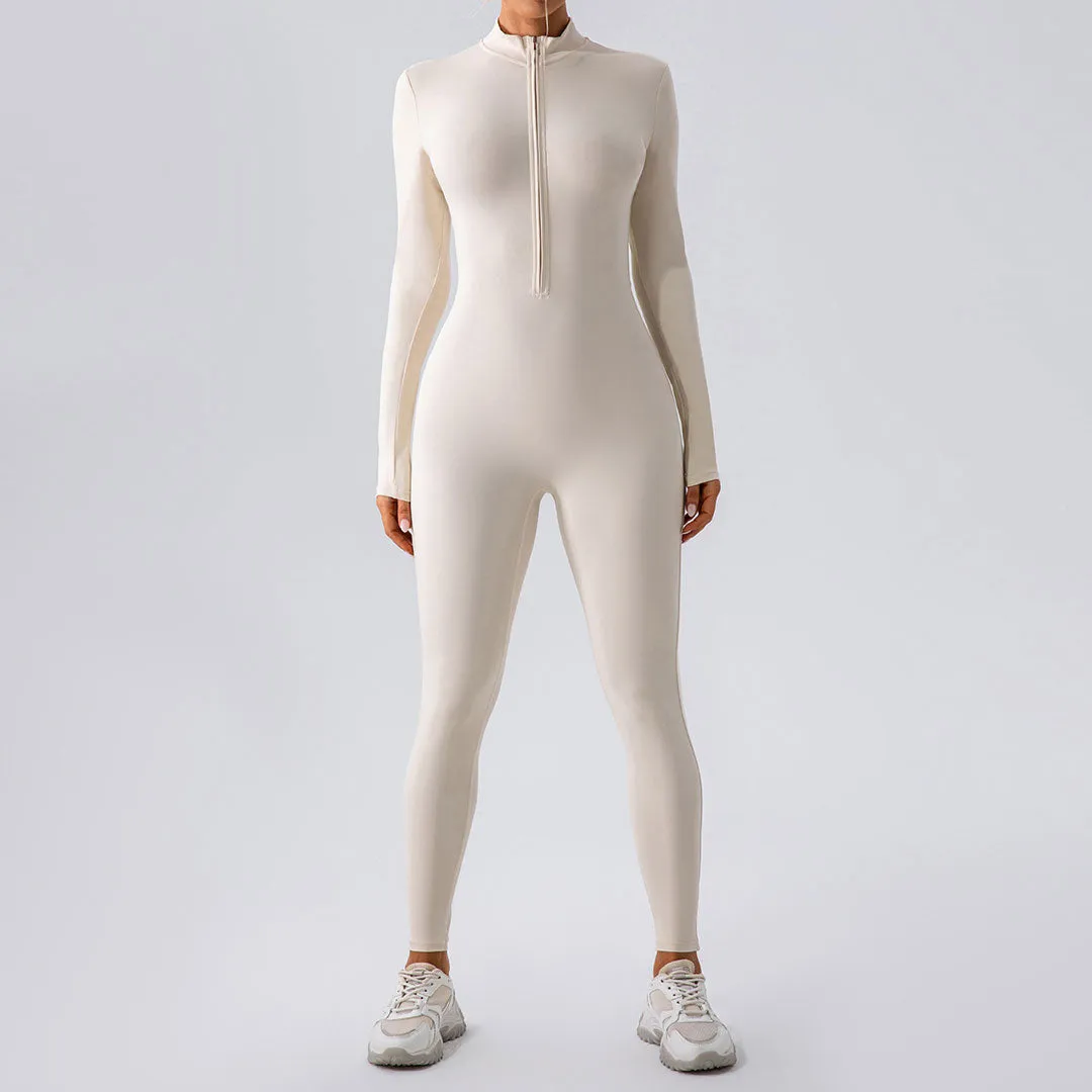 Athletic Mock Neck Zip Up Long Sleeve Skinny Yoga Jumpsuit -Beige