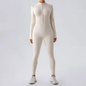 Athletic Mock Neck Zip Up Long Sleeve Skinny Yoga Jumpsuit -Beige