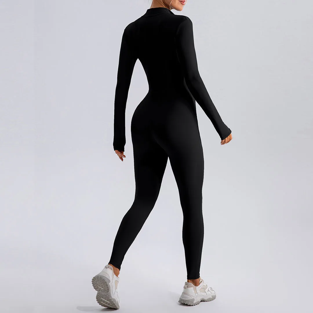 Athletic Mock Neck Zip Up Long Sleeve Skinny Yoga Jumpsuit -Black