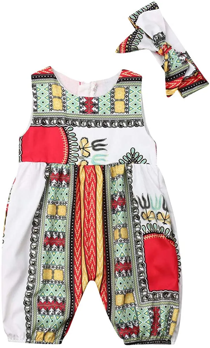 Baby Girls Afrikan Dashiki Print One-Piece Rompers Jumpsuit Headband Toddler Outfit