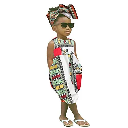 Baby Girls Afrikan Dashiki Print One-Piece Rompers Jumpsuit Headband Toddler Outfit