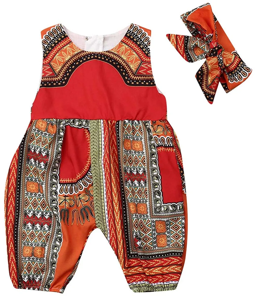 Baby Girls Afrikan Dashiki Print One-Piece Rompers Jumpsuit Headband Toddler Outfit