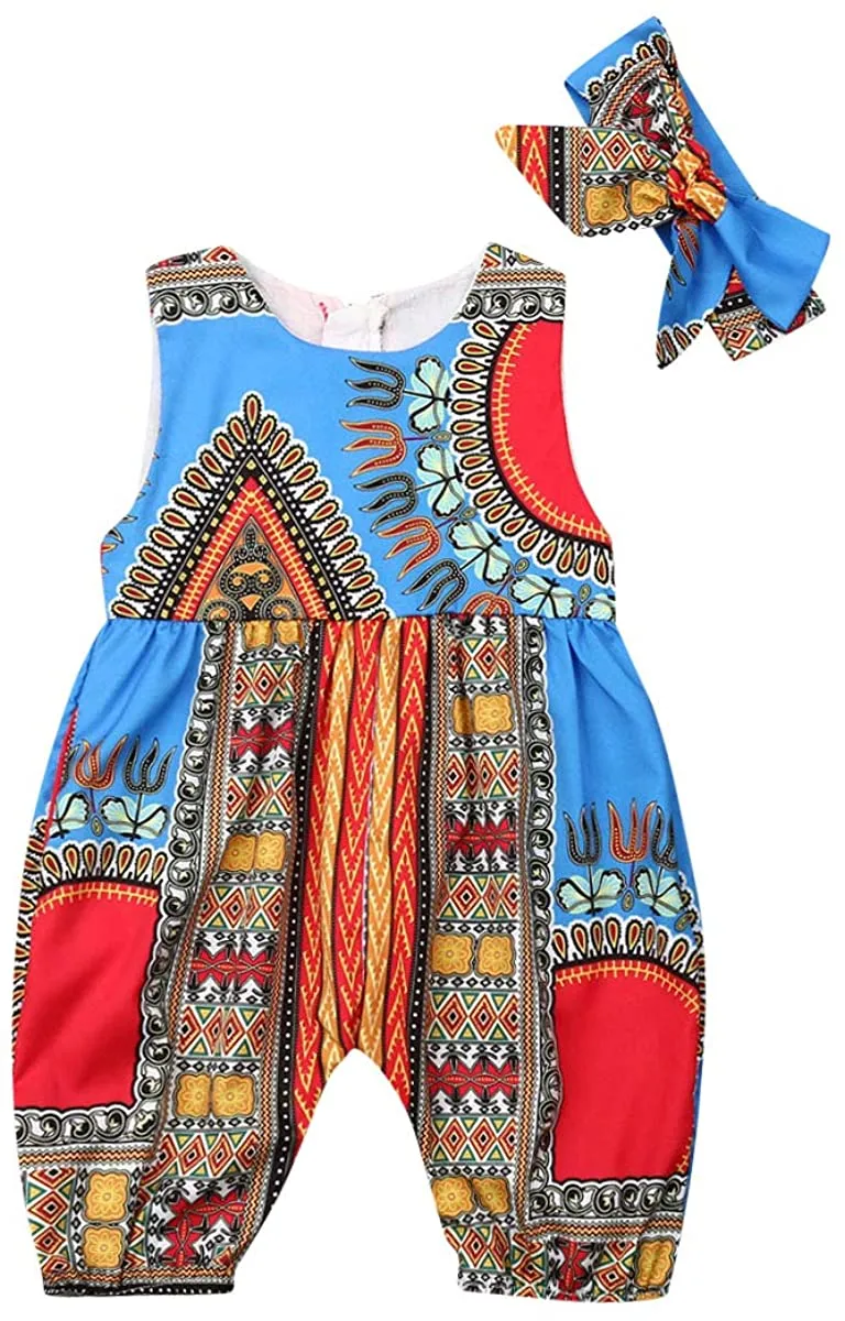 Baby Girls Afrikan Dashiki Print One-Piece Rompers Jumpsuit Headband Toddler Outfit