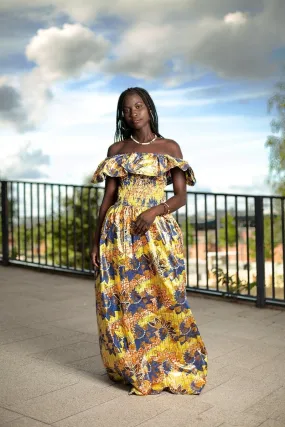 Beautiful African Maxi Dress In Metallic Gold Blue