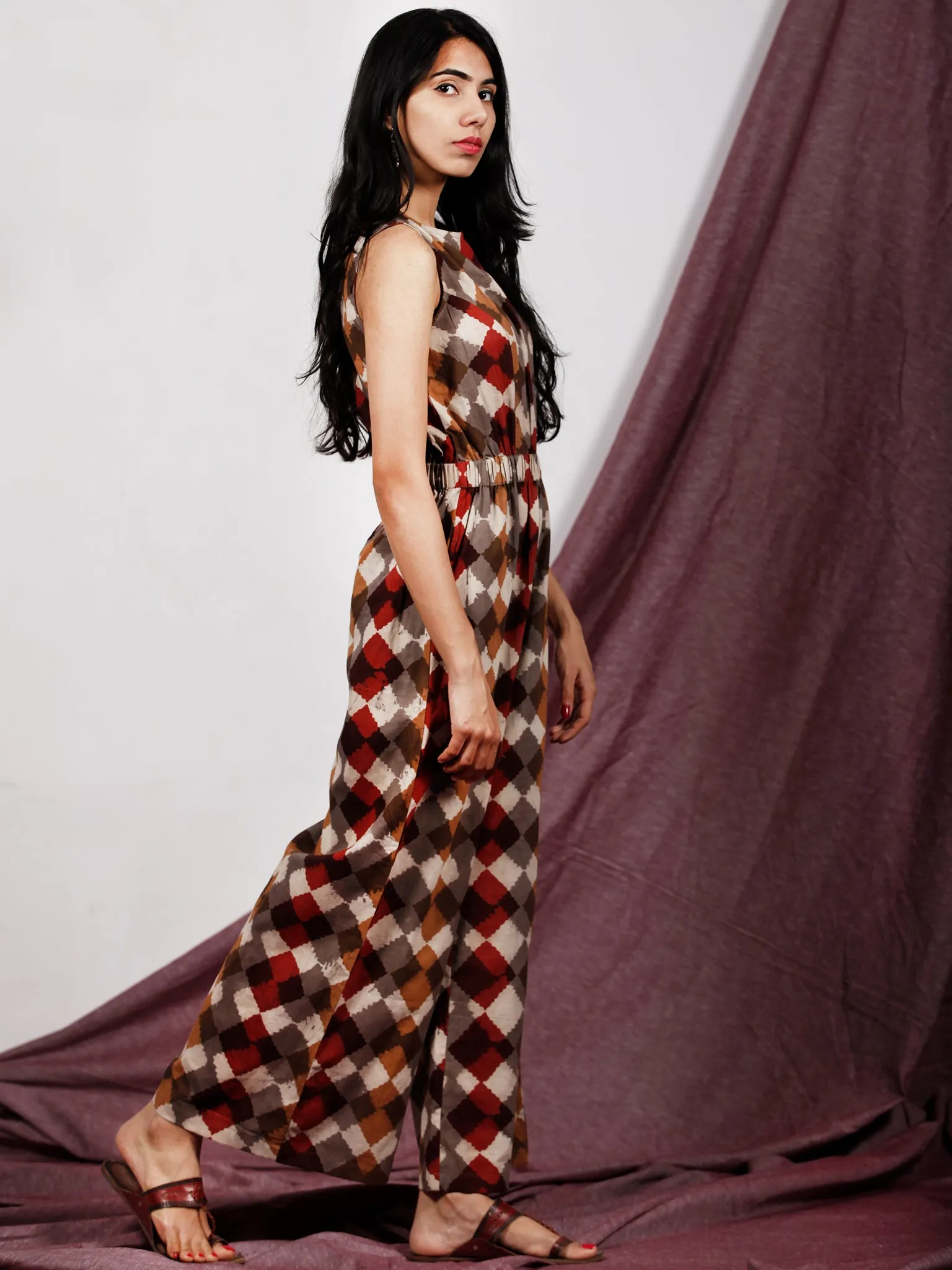 Beige Brown Maroon Handblock Printed  Cotton Jumpsuit With Back Zip And Waist Elastic -  D234F1323