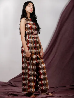 Beige Brown Maroon Handblock Printed  Cotton Jumpsuit With Back Zip And Waist Elastic -  D234F1323