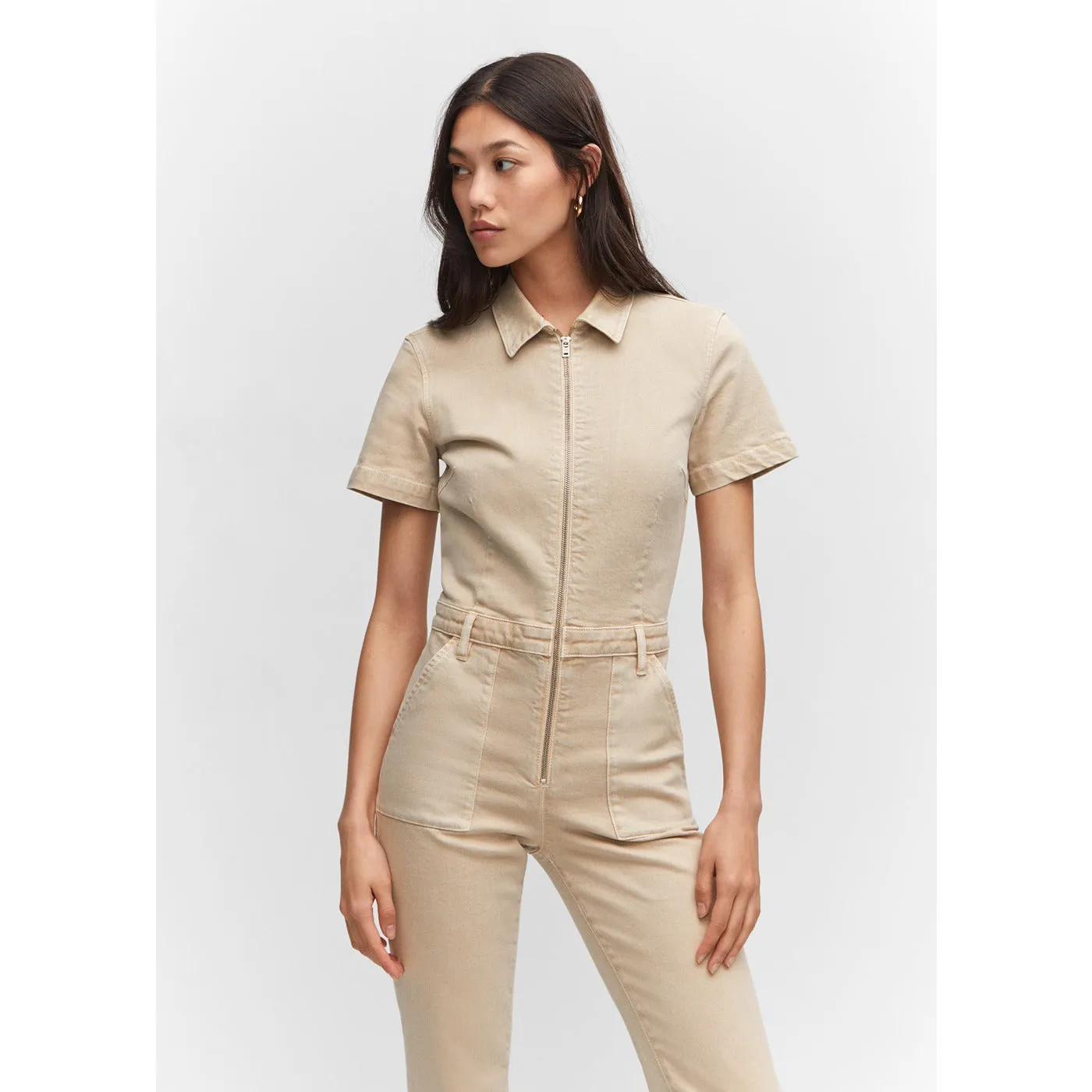 Beige Denim Zipper Jumpsuit