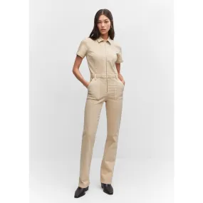 Beige Denim Zipper Jumpsuit