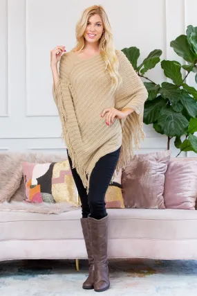 BEIGE KNITTED V PONCHO