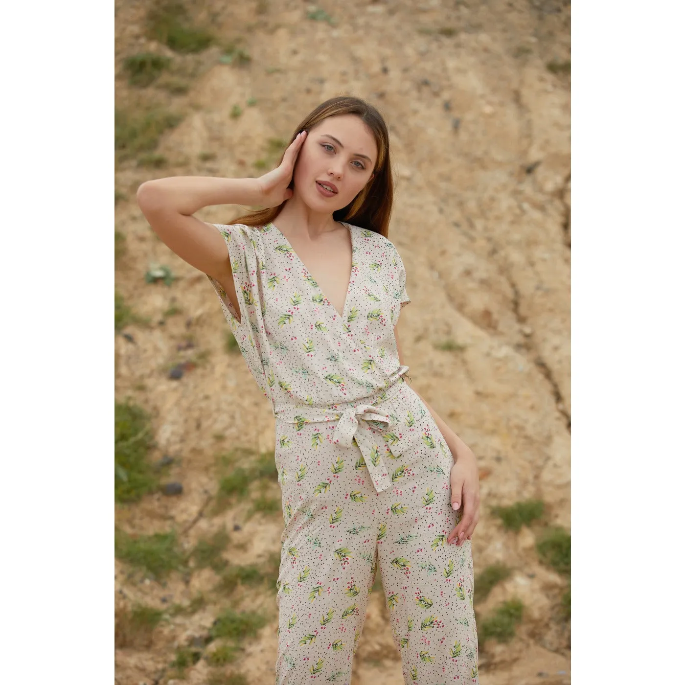 Beige Printed Jumpsuit