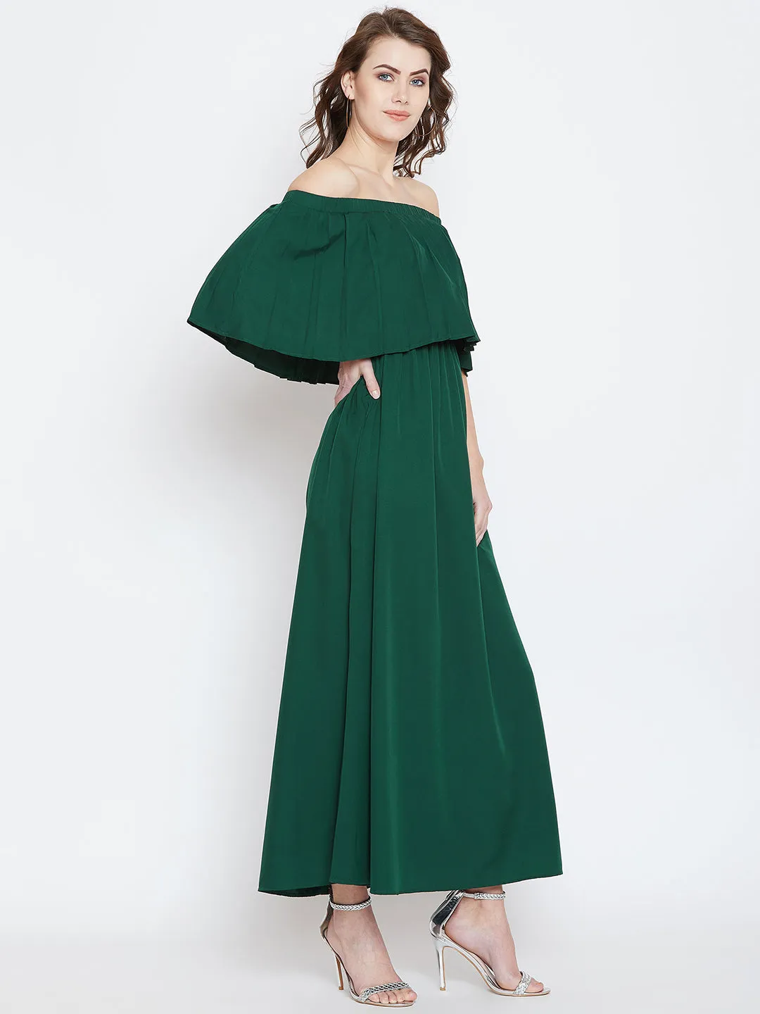 Berrylush Women Solid Green Off-Shoulder Neck Flared Sleeve Pleated Maxi Dress