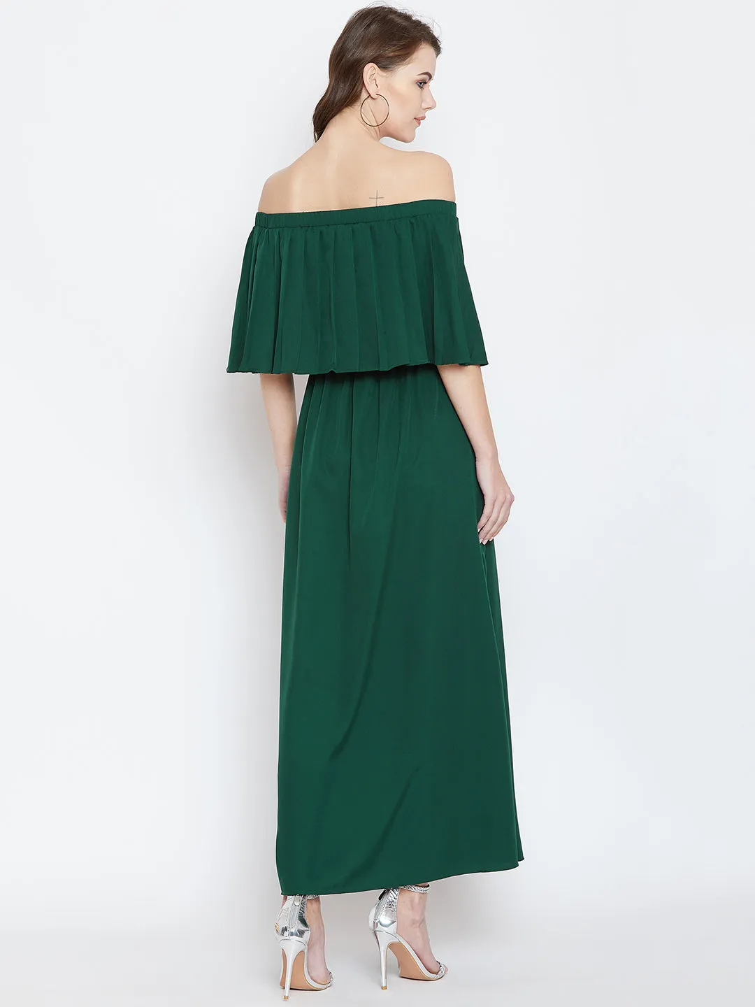 Berrylush Women Solid Green Off-Shoulder Neck Flared Sleeve Pleated Maxi Dress