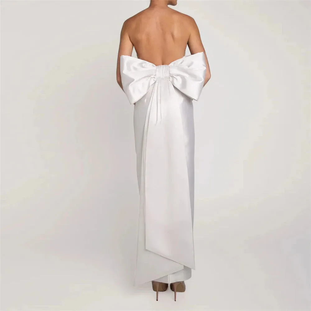 Big Bow Backless Strapless Simple Satin Evening Gown