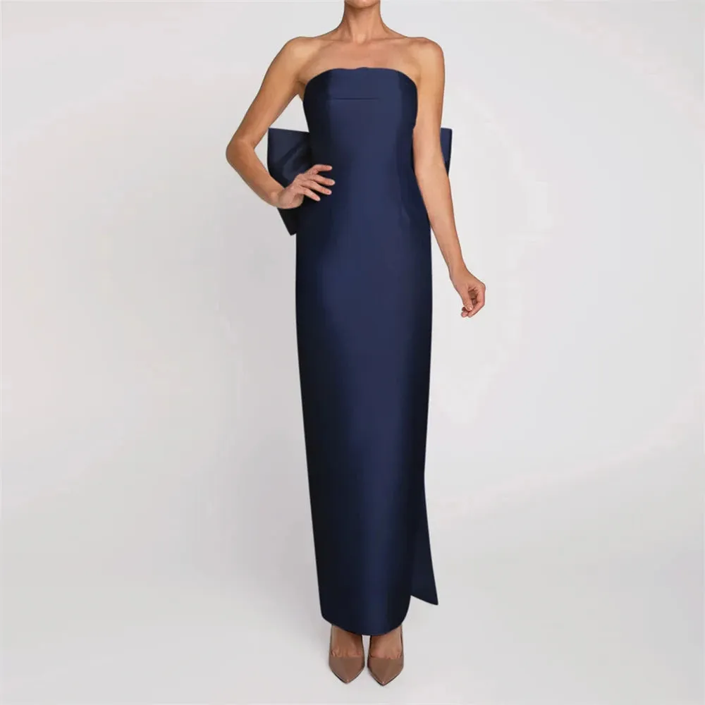 Big Bow Backless Strapless Simple Satin Evening Gown