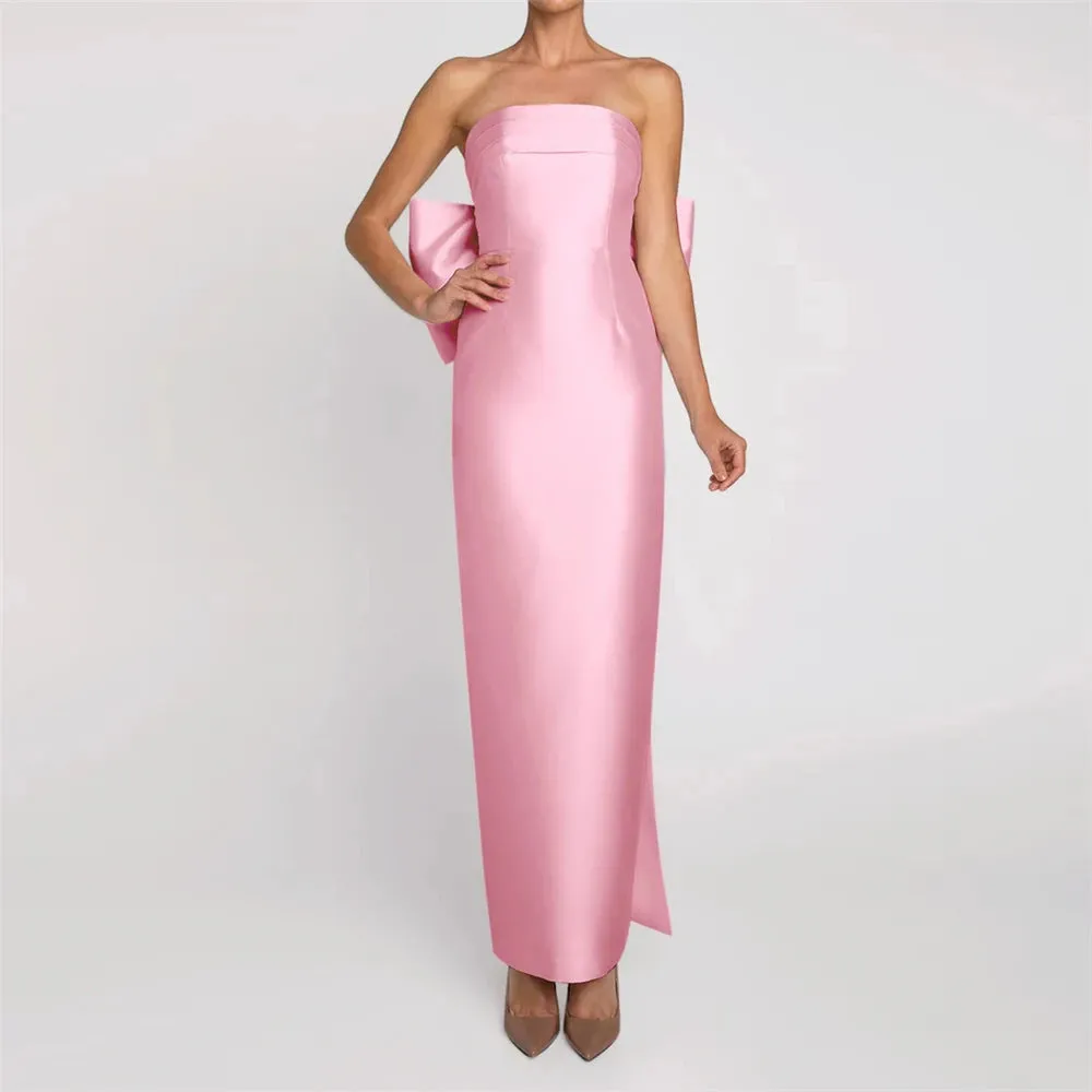 Big Bow Backless Strapless Simple Satin Evening Gown