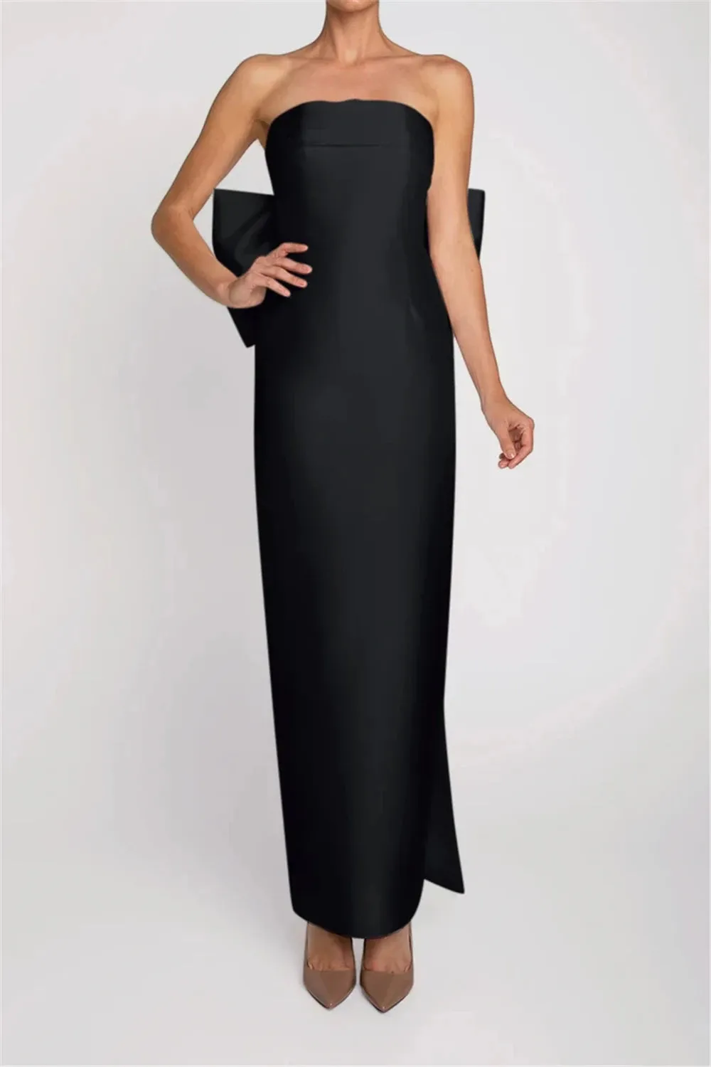 Big Bow Backless Strapless Simple Satin Evening Gown