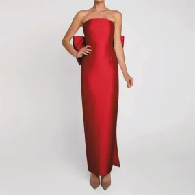 Big Bow Backless Strapless Simple Satin Evening Gown