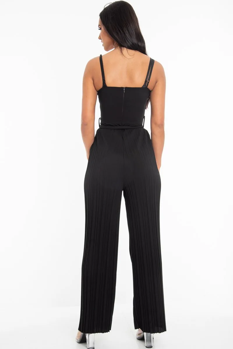 Black Strapless Belted Pleated Wide Leg Jumpsuit - Jasmine