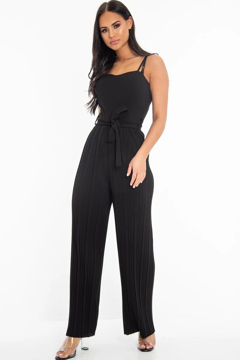 Black Strapless Belted Pleated Wide Leg Jumpsuit - Jasmine