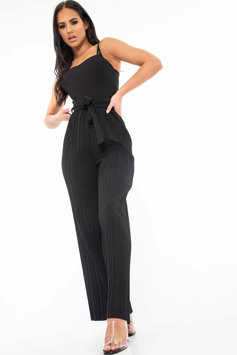 Black Strapless Belted Pleated Wide Leg Jumpsuit - Jasmine