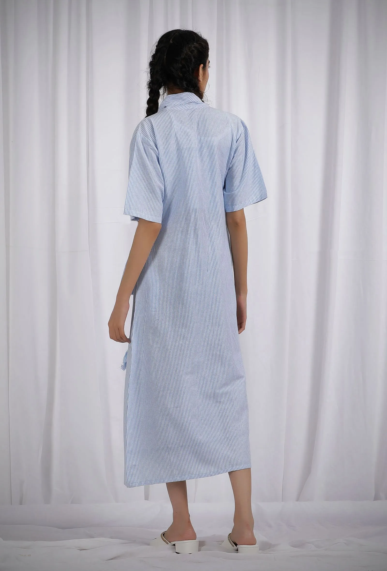 Blue Cotton Wrap Around Straight Dress