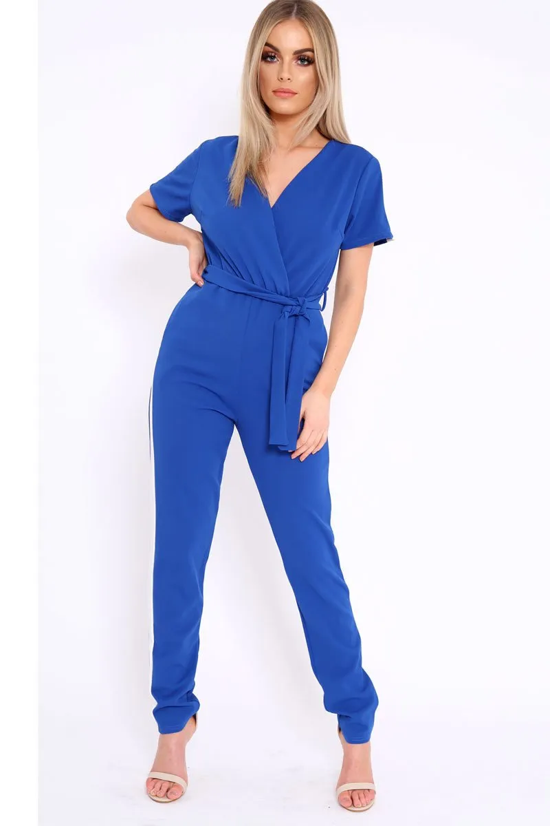 Blue Plunge Front Contrast Side Stripe Jumpsuit - Jayah