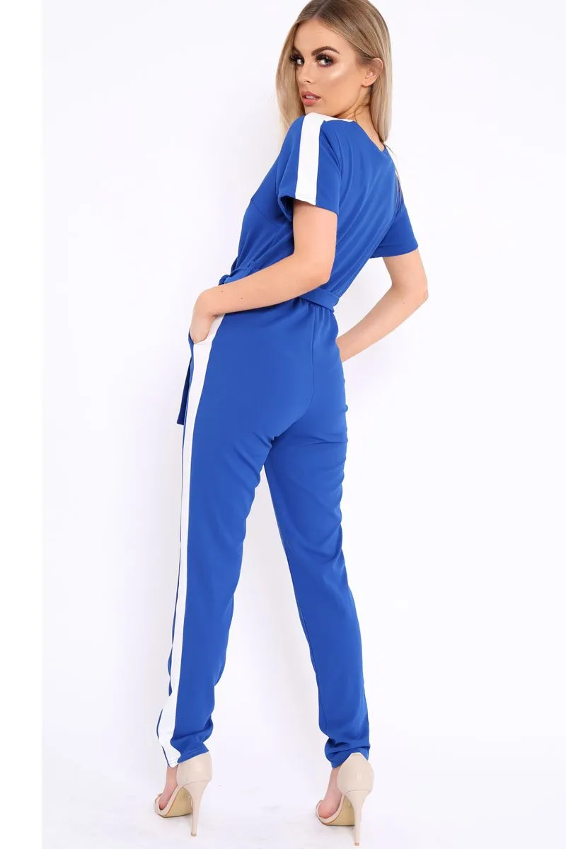 Blue Plunge Front Contrast Side Stripe Jumpsuit - Jayah