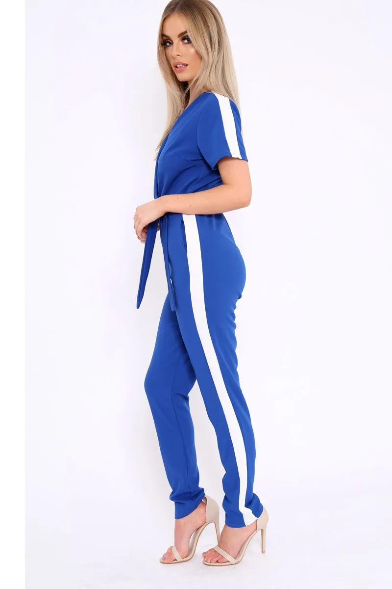 Blue Plunge Front Contrast Side Stripe Jumpsuit - Jayah