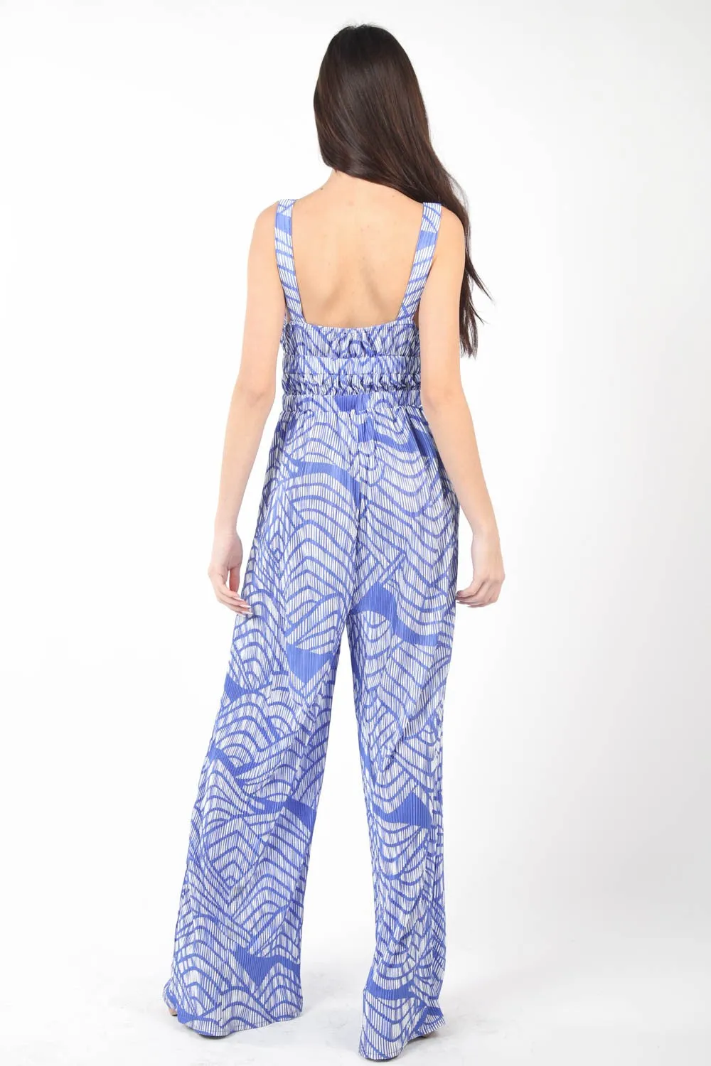 Blue Printed Pleated Wide Leg Jumpsuit