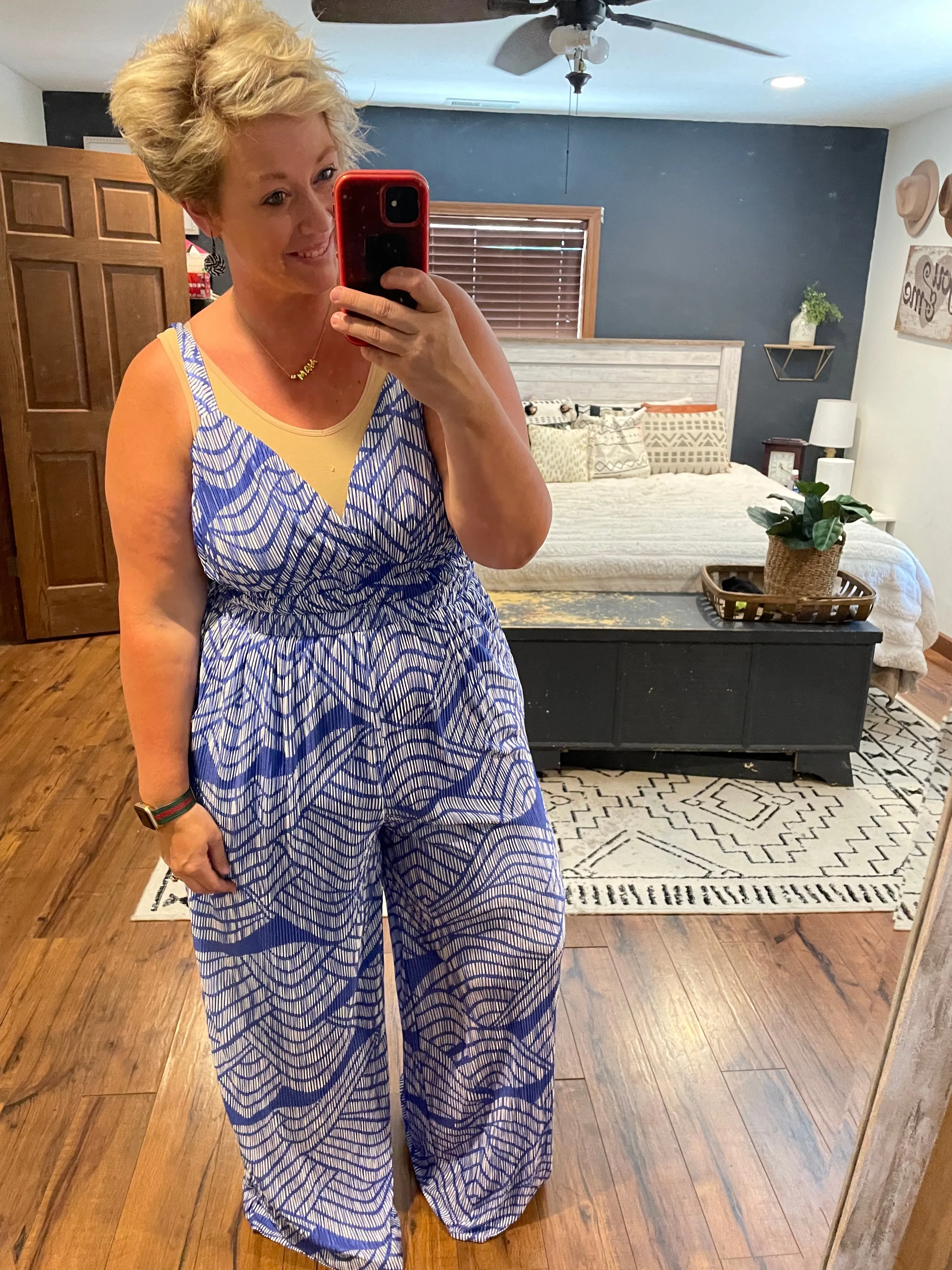 Blue Printed Pleated Wide Leg Jumpsuit