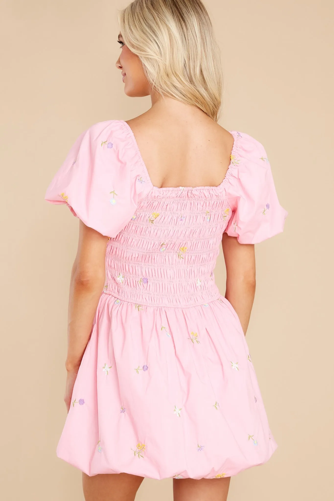 Botanical Cutie Pink Embroidered Puff Sleeve Dress