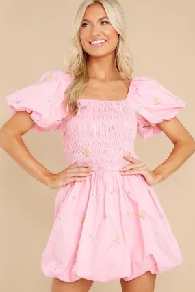 Botanical Cutie Pink Embroidered Puff Sleeve Dress