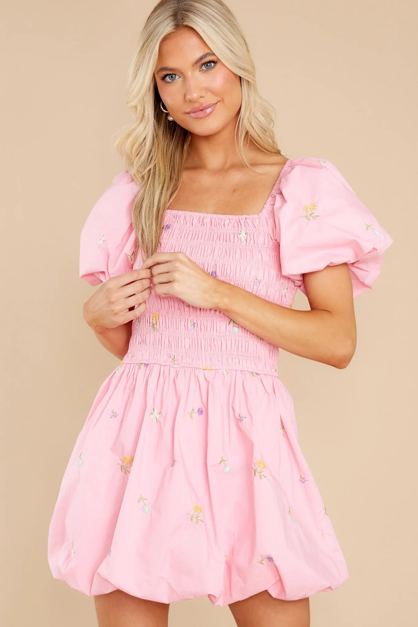 Botanical Cutie Pink Embroidered Puff Sleeve Dress