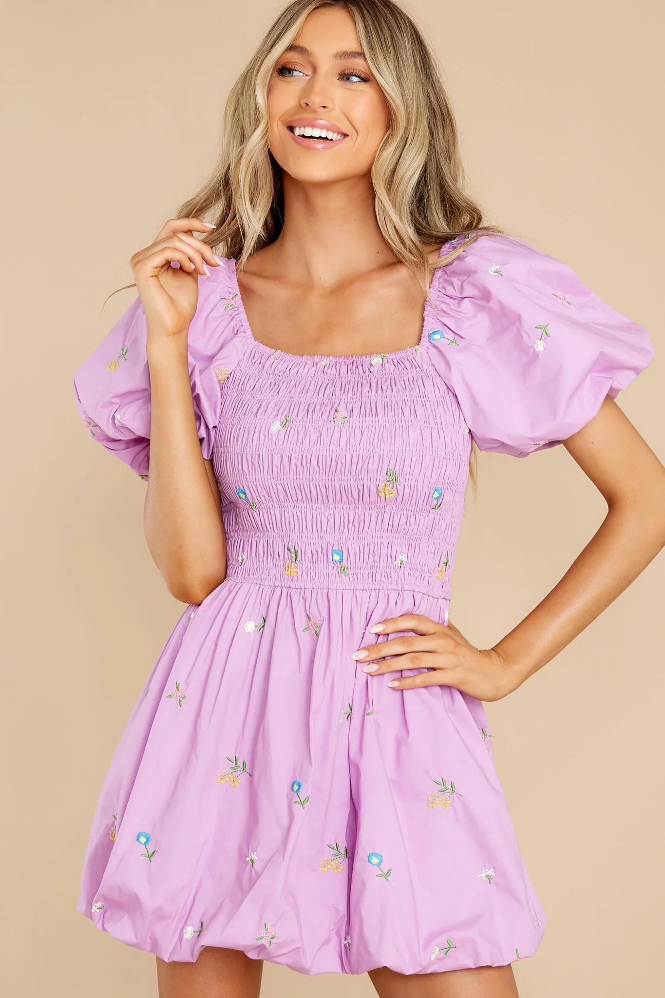 Botanical Cutie Purple Embroidered Puff Sleeve Dress