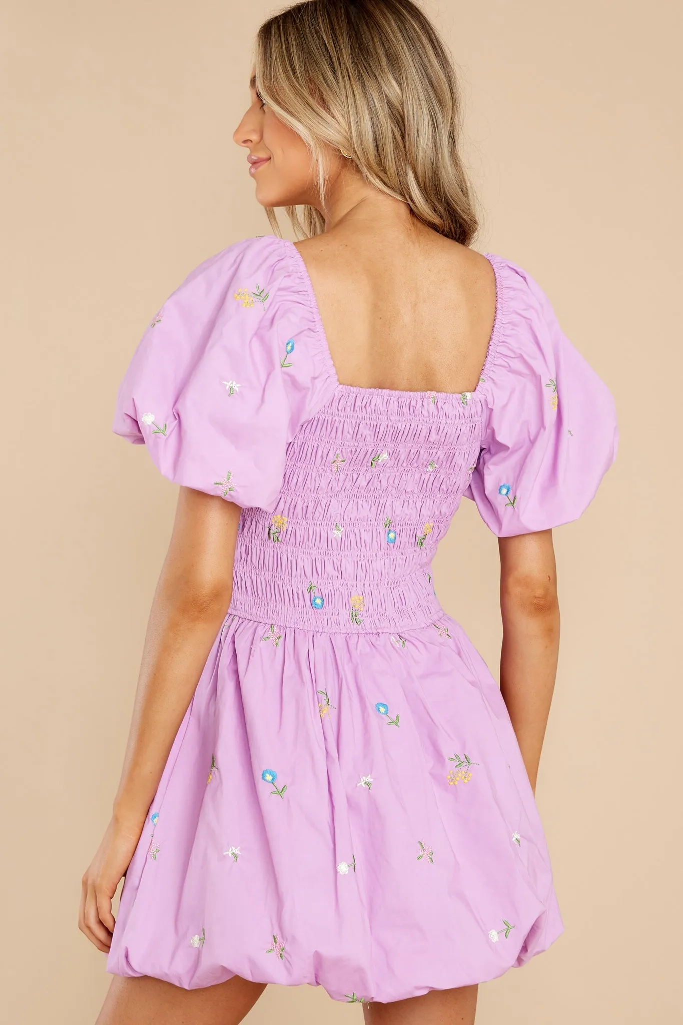 Botanical Cutie Purple Embroidered Puff Sleeve Dress